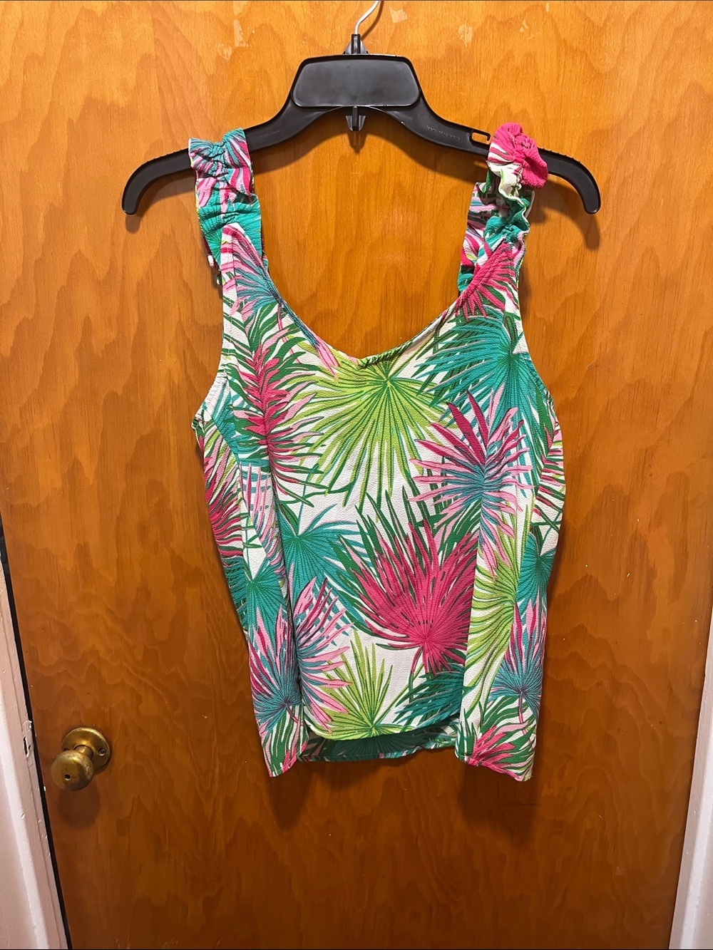 Rose & Olive Pink and Green Tropical Palm-Print Ruffled Strap Tank